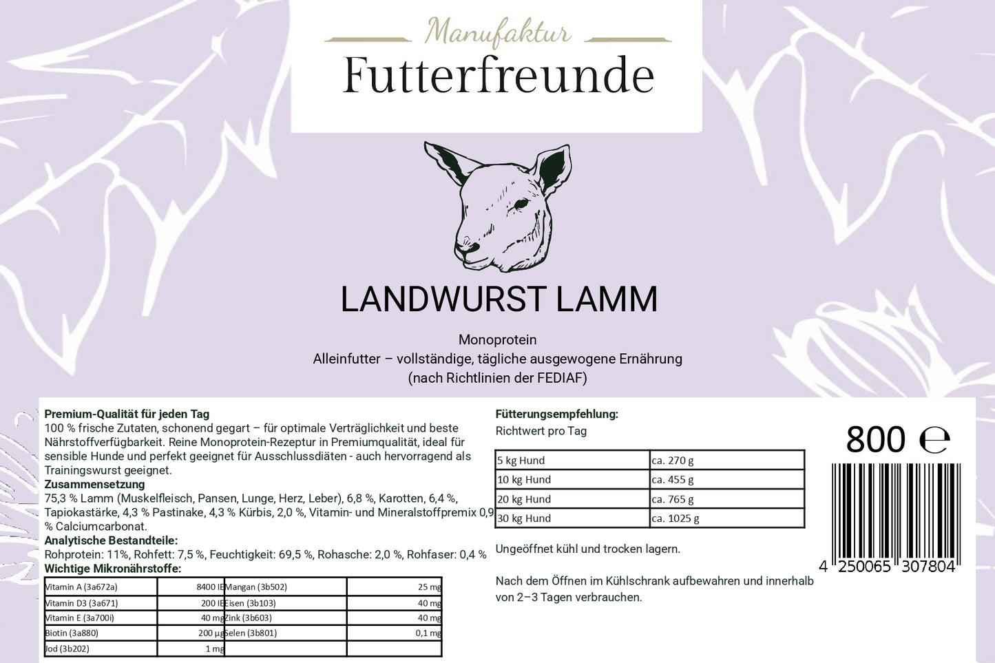 Landwurst Lamm & Gemüse 800g