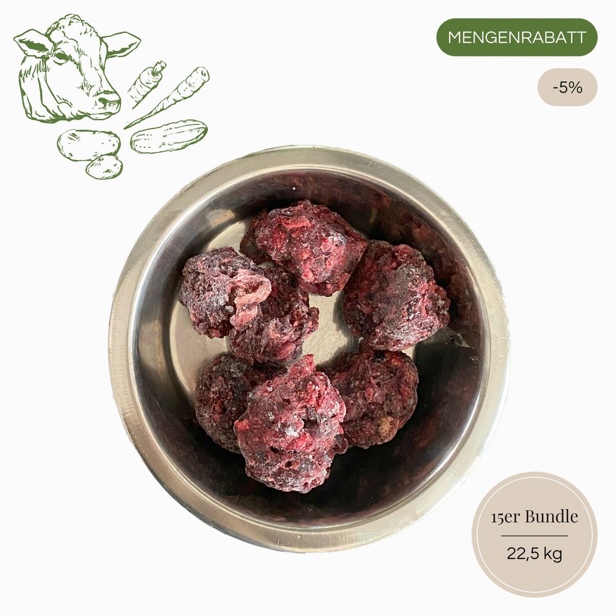 BARF-Nuggets Rind & Gemüse 15er Sparpaket, 15 × 1,5 kg = 22,5 kg, Mengenrabatt 5 %