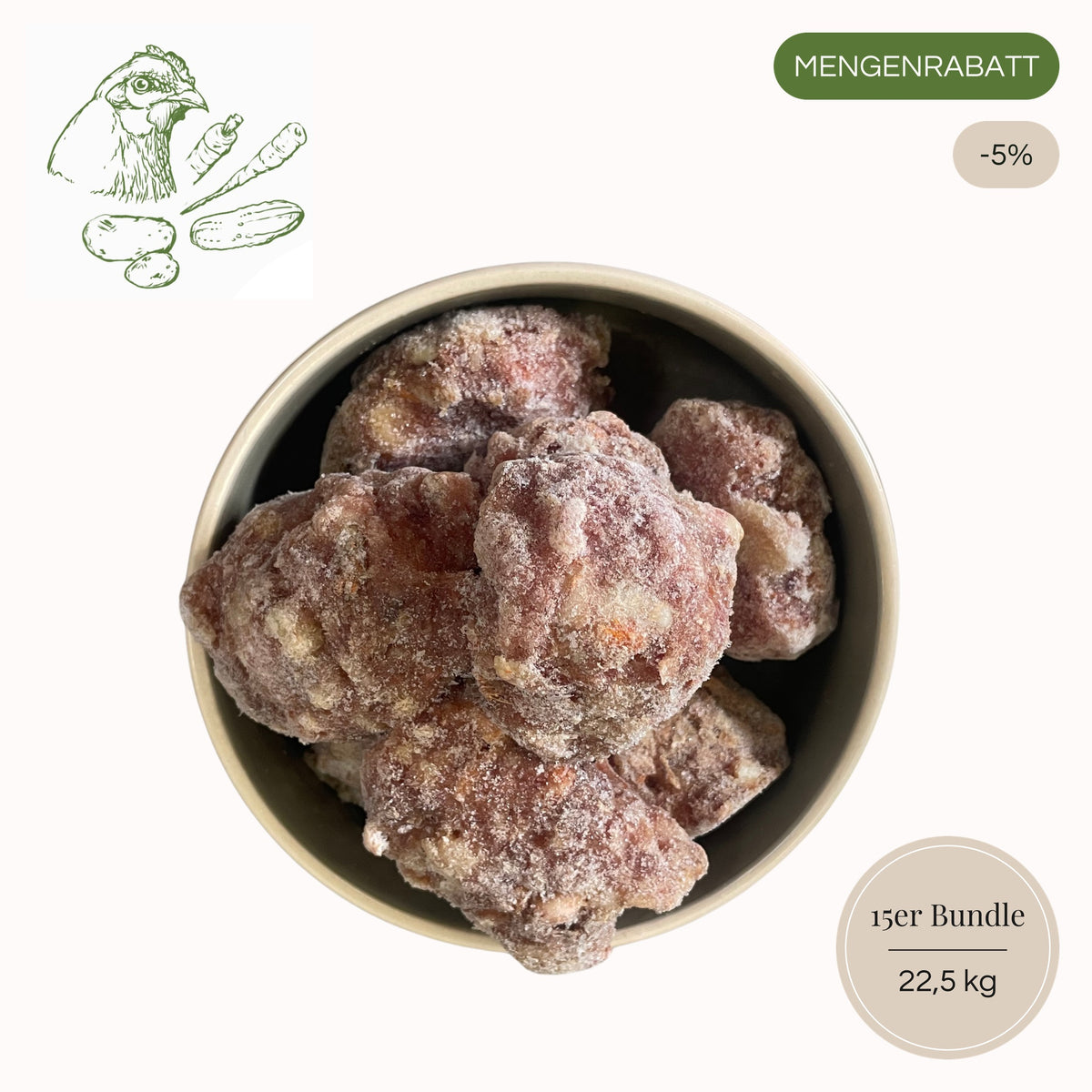 BARF-Nuggets Huhn & Gemüse 15er Sparpaket, 15 × 1,5 kg = 22,5 kg, Mengenrabatt 5 %
