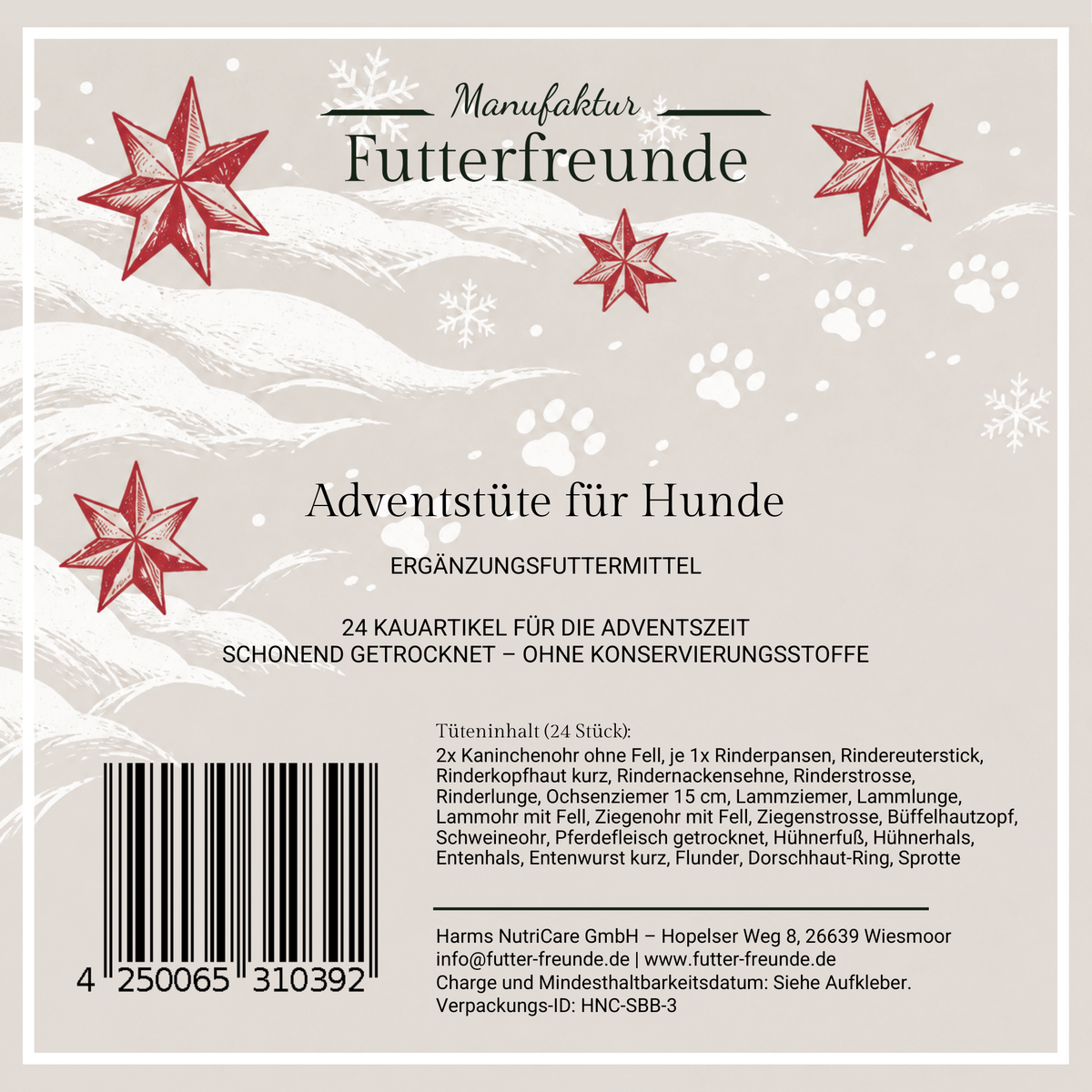 Adventstüte für Hunde, Etikett mit 24 Kauartikeln