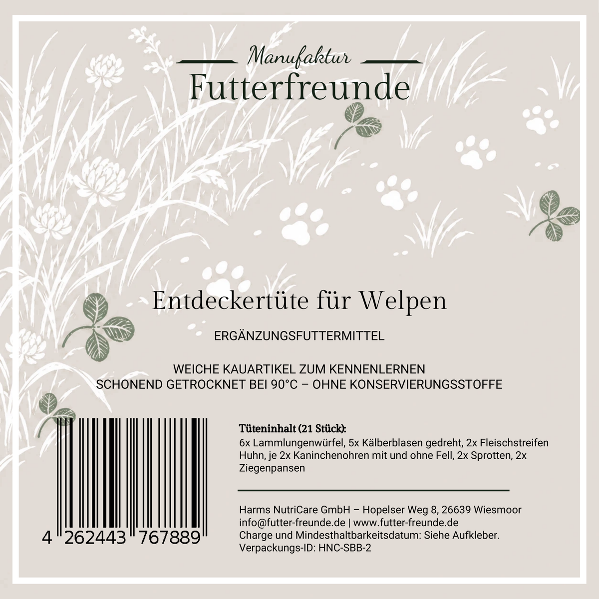 Entdeckertüte für Welpen, Etikett mit Tüteninhalt